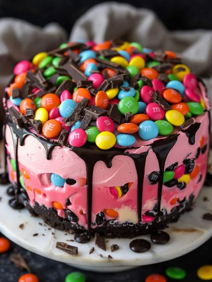 Decadent Pink Paradise No-Bake M&M Chocolate Cheesecake with colorful toppings