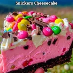 Pink Paradise No-Bake M&M Snickers Cheesecake topped with colorful candies