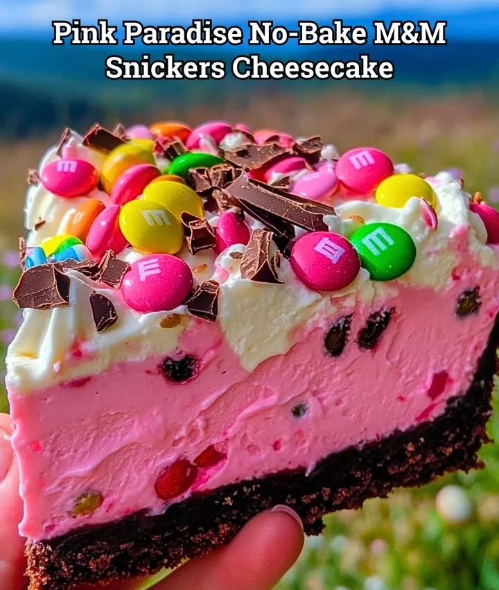 Pink Paradise No-Bake M&M Snickers Cheesecake topped with colorful candies