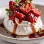 Delicious Pink Pepper Pavlova with Roasted Strawberry Balsamic Glaze