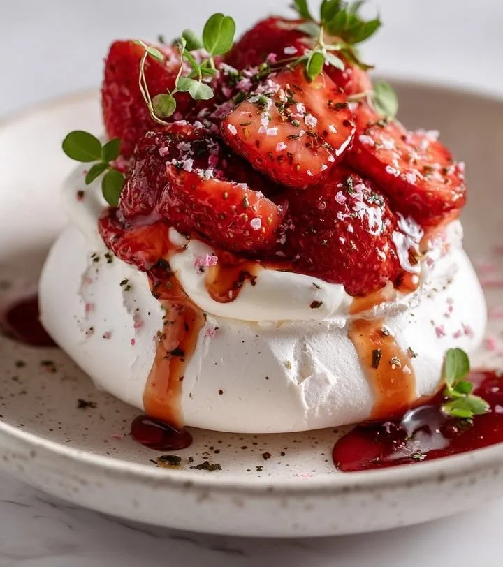 Delicious Pink Pepper Pavlova with Roasted Strawberry Balsamic Glaze