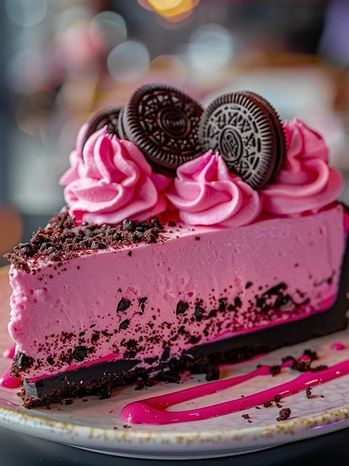 Pink Velvet Oreo Cheesecake topped with cream and crushed Oreos