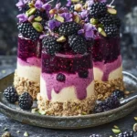 Pistachio blackberry cheesecake towers displayed on a decorative plate.