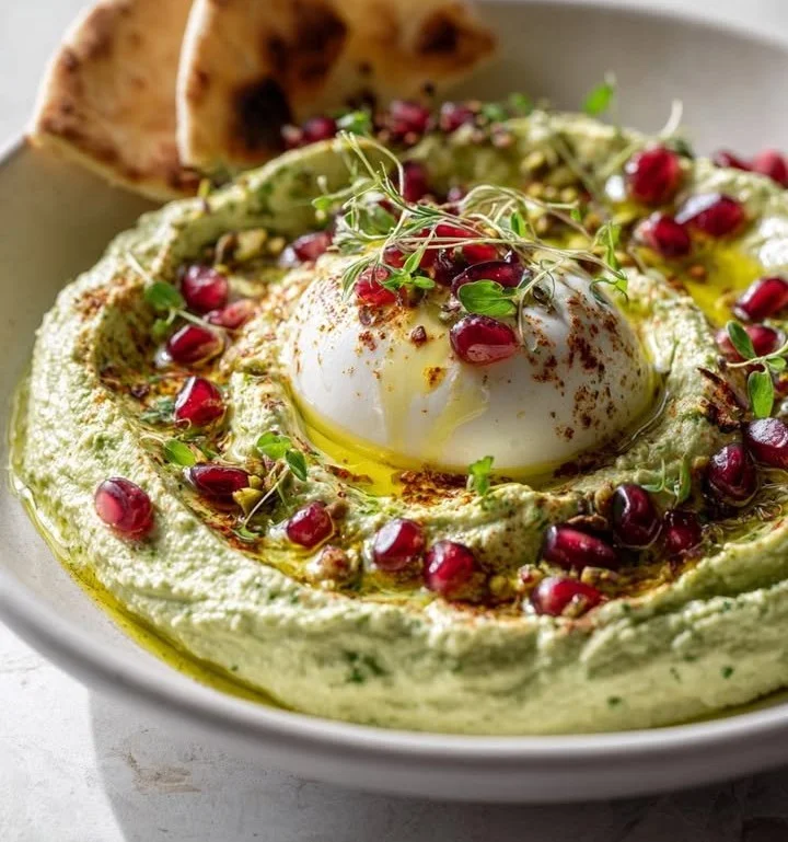 Pistachio Cloud Burrata Platter topped with Pomegranate Jewels, a gourmet appetizer.
