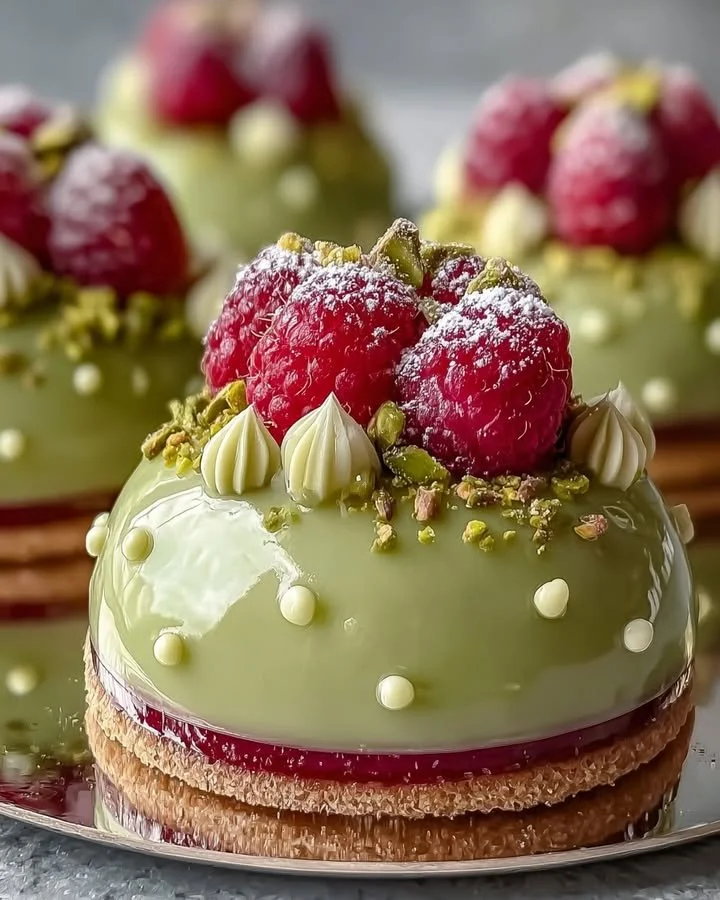 Pistachio and raspberry cheesecake domes displayed beautifully on a platter.