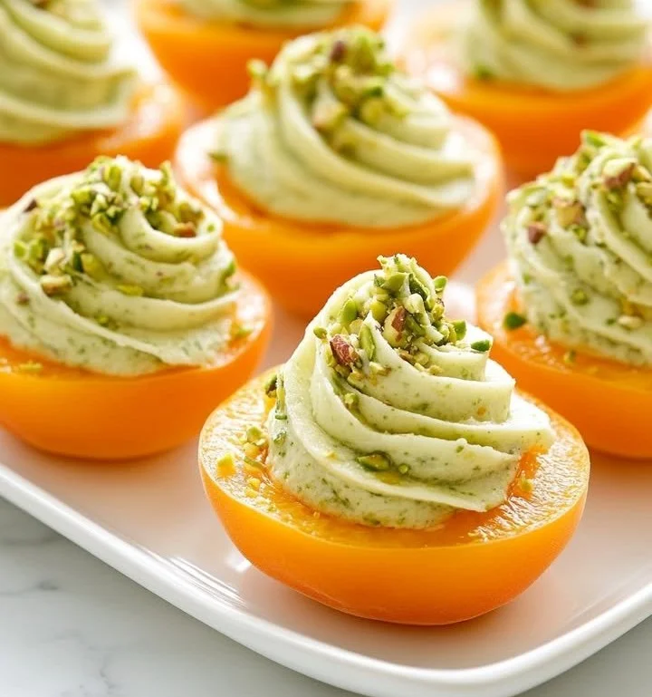 Delicious Pistachio Semifreddo presented in frozen apricot cups