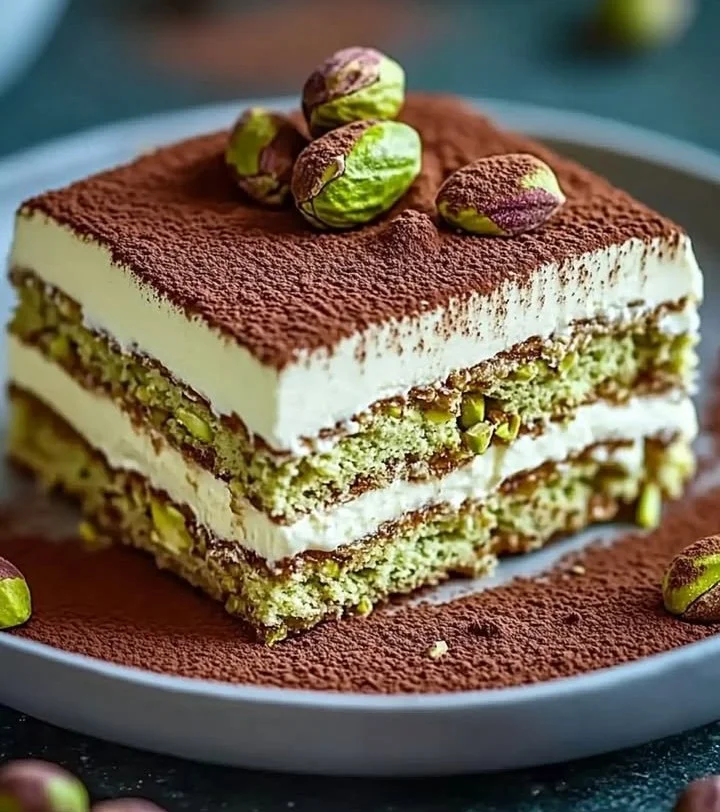 Deliciously layered Pistachio Tiramisu dessert with creamy filling and pistachio nuts.