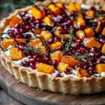 Pomegranate and Butternut Squash Tart topped with Ricotta cheese