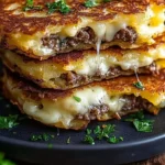 Delicious potato pancakes topped with savory beef and melted cheese.