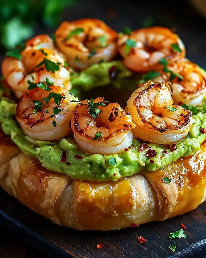 Delicious puff pastry shrimp crown served on a platter.