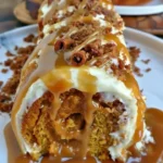 Pumpkin Caramel Spice Cake Roll with Cinnamon Glaze on a wooden table
