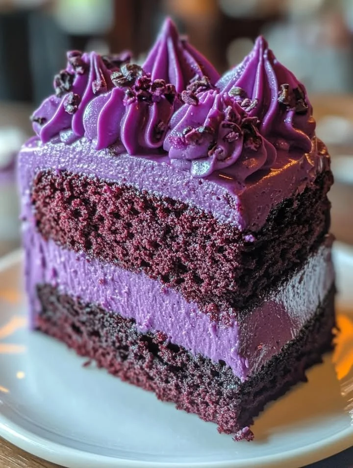 Slice of moist Purple Velvet Cake with cream cheese frosting.