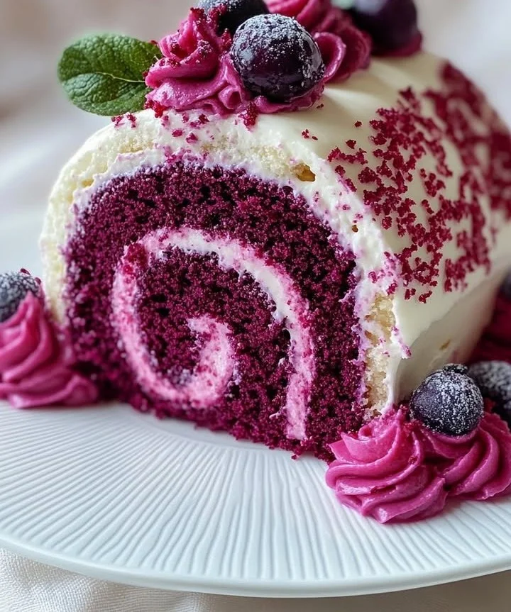 Delicious Purple Velvet Cake Roll on a white plate with decorative sprinkles.