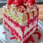 Delicious Raspberry Champagne Drip Cake adorned with fresh raspberries and champagne glaze.
