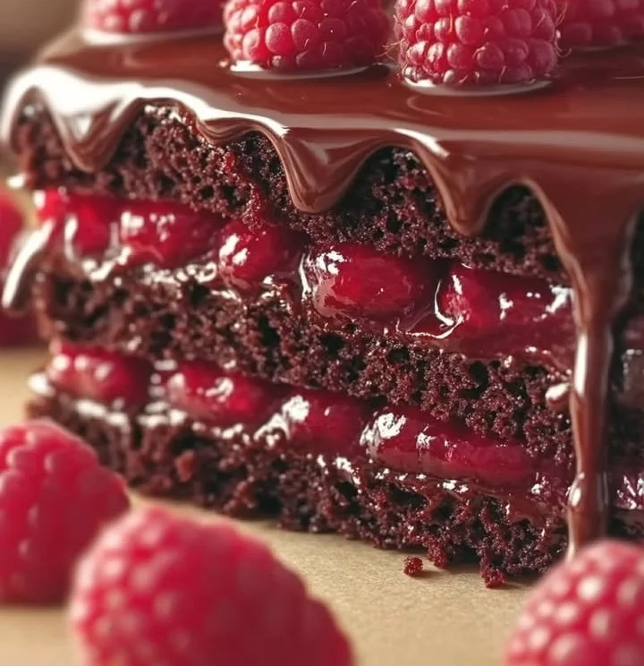 Delicious Raspberry Chocolate Ganache Cake topped with fresh raspberries and chocolate swirls.