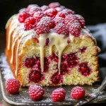 Raspberry Sauce Pound Cake drizzled with white chocolate topping