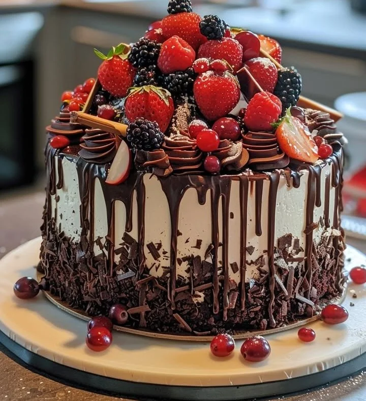 Decadent Red Velvet Cheesecake Cake topped with cream cheese frosting