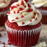 Delicious red velvet cupcakes with cream cheese frosting on a white plate