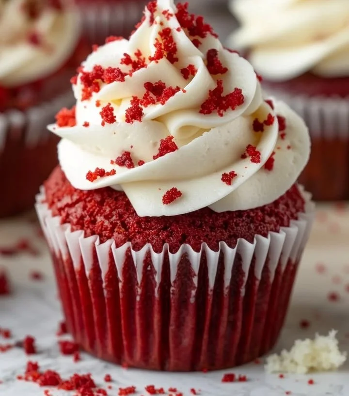 Delicious red velvet cupcakes with cream cheese frosting on a white plate