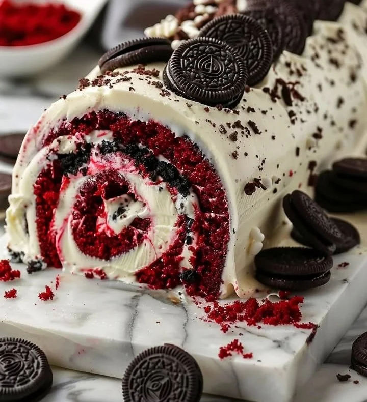 Delicious Red Velvet Oreo Cake Roll with creamy filling and festive presentation