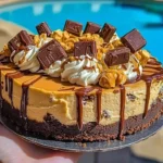 Delicious Reese’s Peanut Butter Cheesecake topped with chocolate and peanut butter swirls.