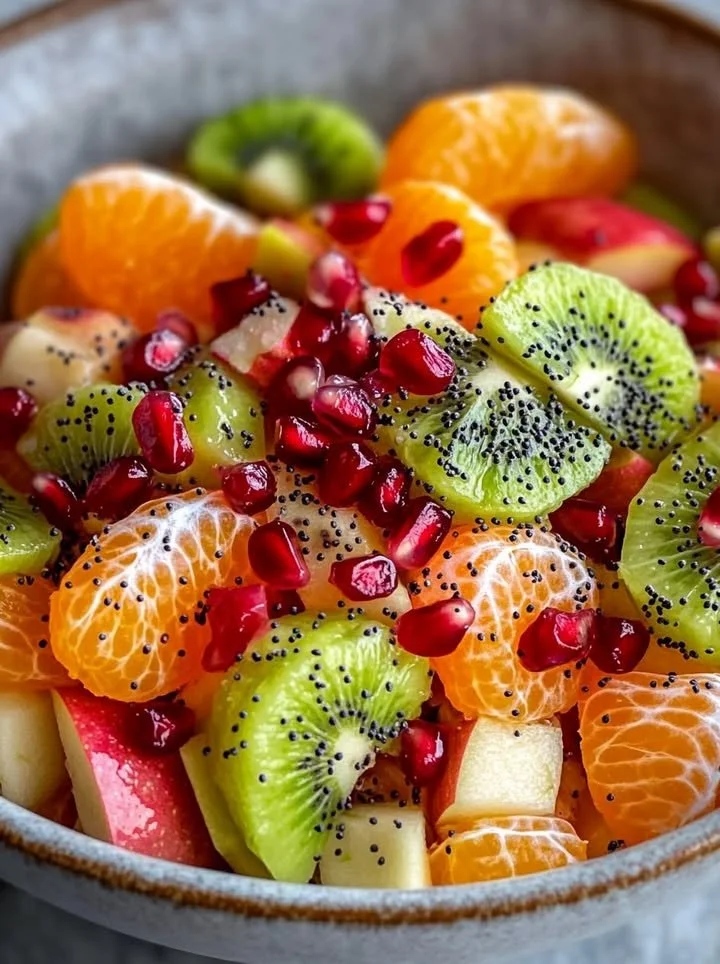 Refreshing citrus and fruit salad with honey-lime dressing served in a bowl.