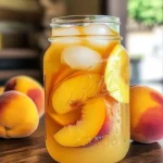 Glass of refreshing peach lemonade with peach slices and lemon on the rim