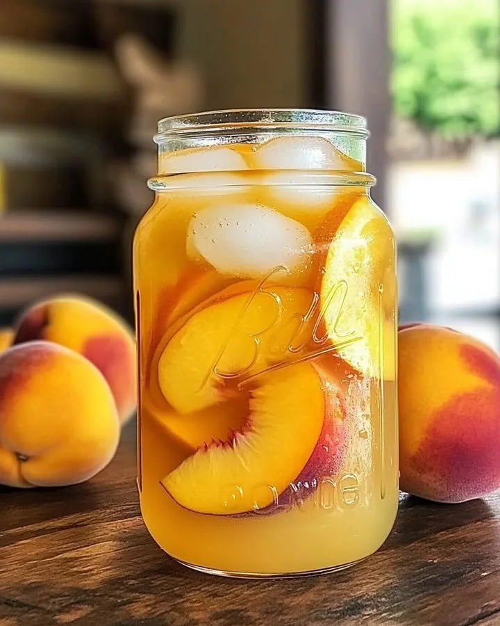 Glass of refreshing peach lemonade with peach slices and lemon on the rim