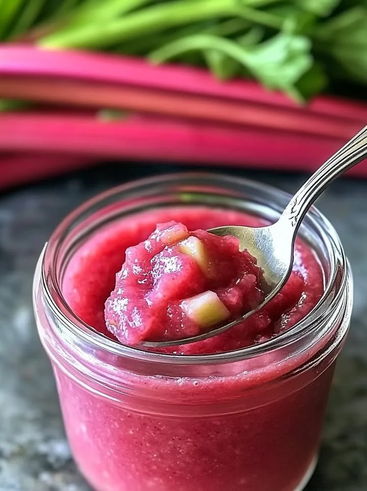 Delicious homemade rhubarb butter in a jar with fresh rhubarb stalks