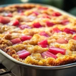 Delicious rhubarb cake drizzled with creamy butter sauce, ready to serve.