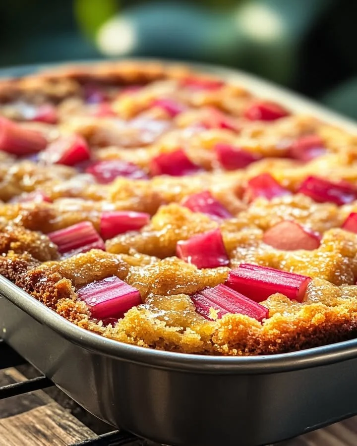 Delicious rhubarb cake drizzled with creamy butter sauce, ready to serve.