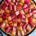 Rhubarb Upside-Down Cake with tart rhubarb and a soft cake base