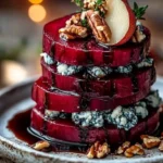 Beautifully arranged roasted beet and blue cheese towers on a serving platter