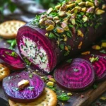 Roasted beet and goat cheese log appetizer on a wooden serving platter