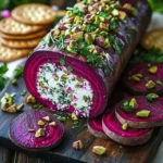 Roasted Beet & Goat Cheese Log garnished with herbs on a wooden platter