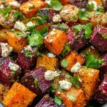 Roasted beets and sweet potatoes garnished with feta and cilantro