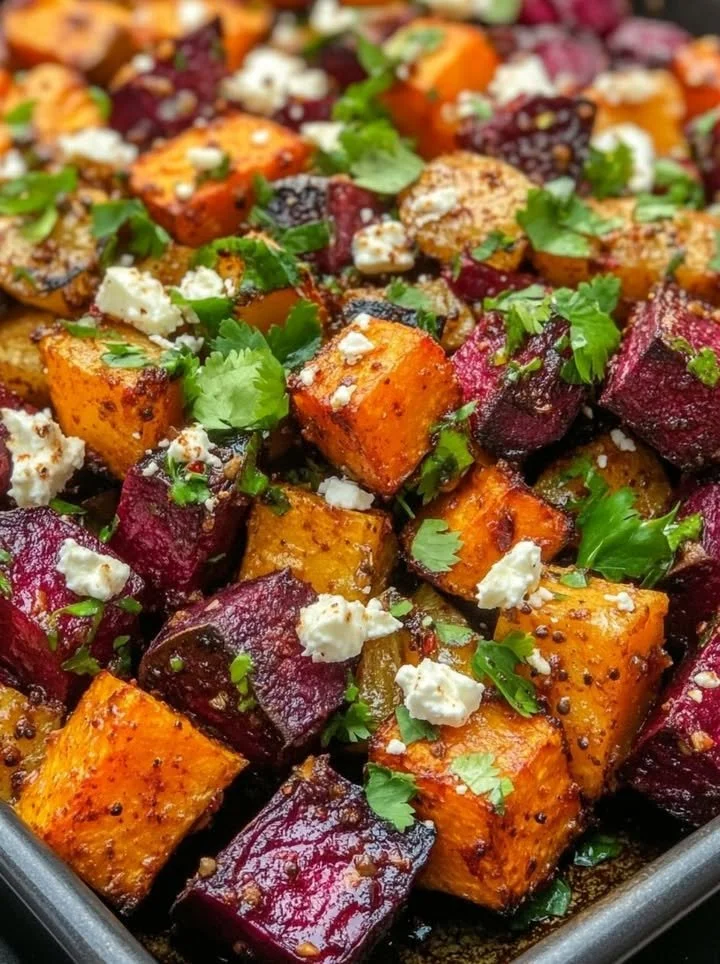 Roasted beets and sweet potatoes garnished with feta and cilantro