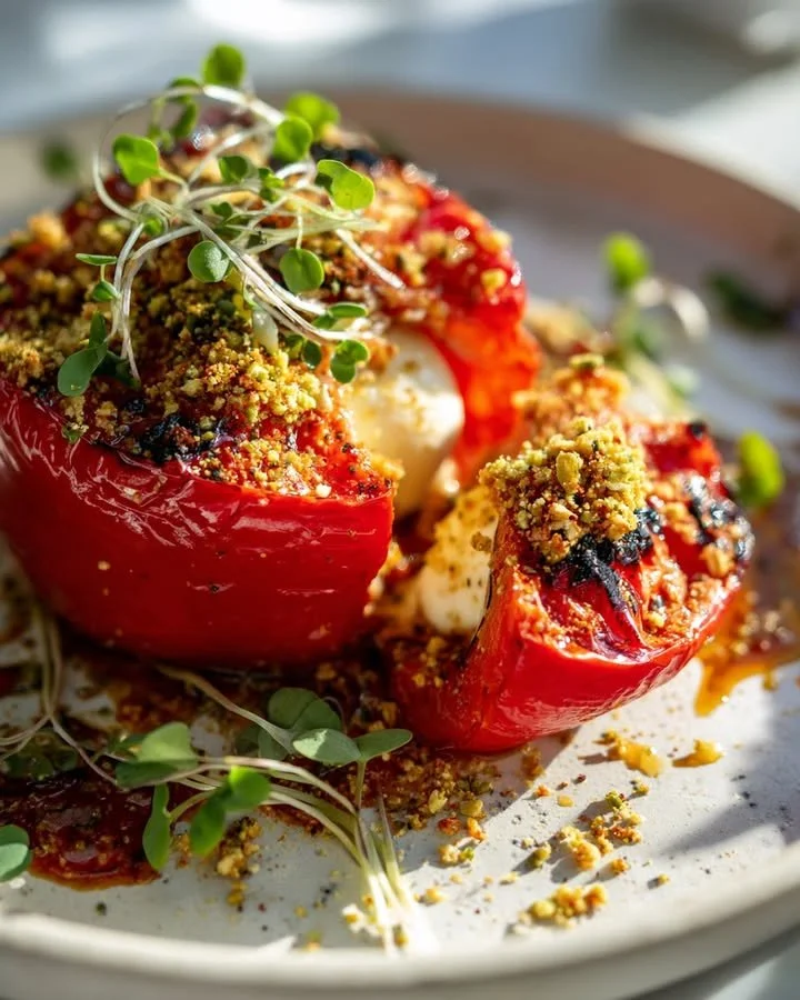 Delicious Roasted Pepper Burrata Bombs with Pistachio-Chili Crumble