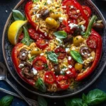 Roasted red bell peppers stuffed with orzo and topped with lemony basil