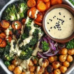 Roasted vegetable and chickpea bowl with maple Dijon tahini dressing