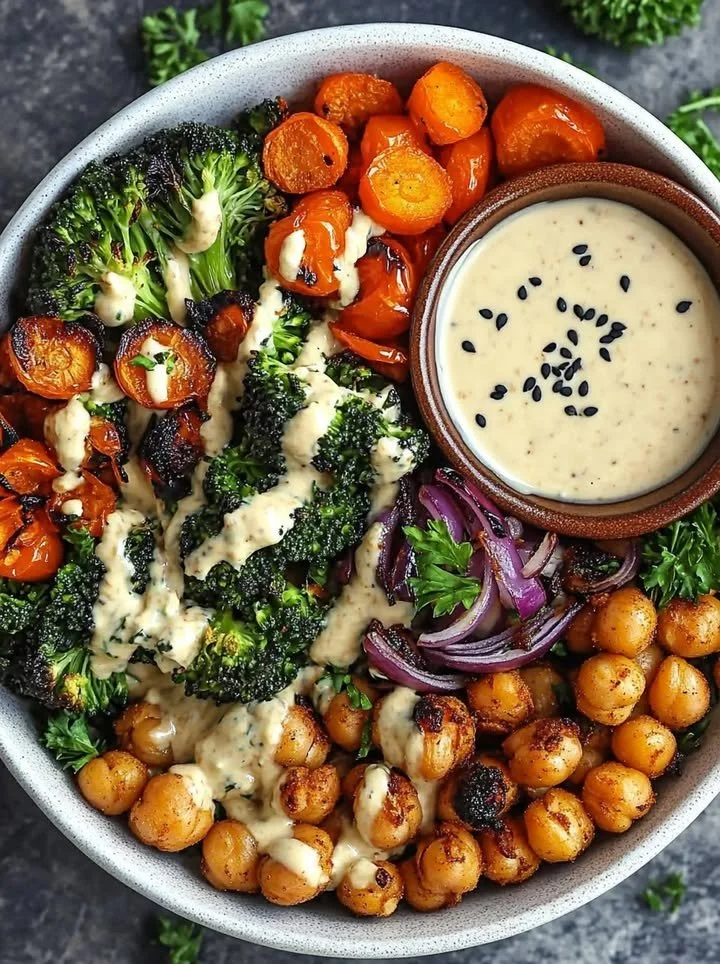 Roasted vegetable and chickpea bowl with maple Dijon tahini dressing