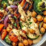 Colorful roasted veggie chickpea bowl with maple Dijon tahini dressing