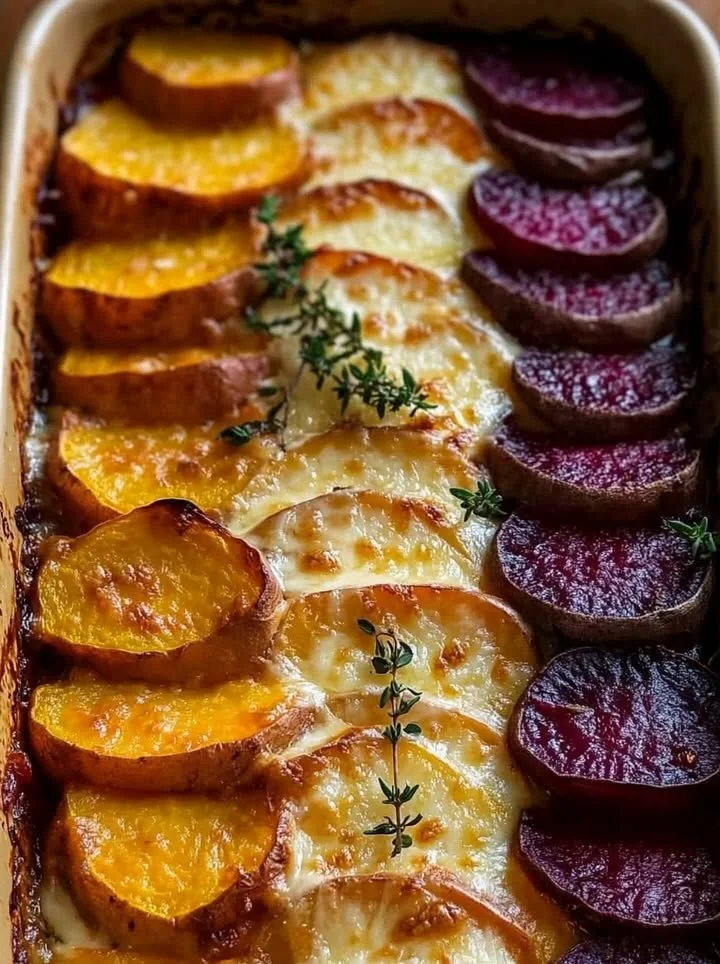 Root vegetable gratin with sweet potatoes, parsnips, and beets baked to perfection
