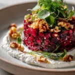 Ruby Beetroot Tartare with whipped goat cheese and walnut-dill crunch