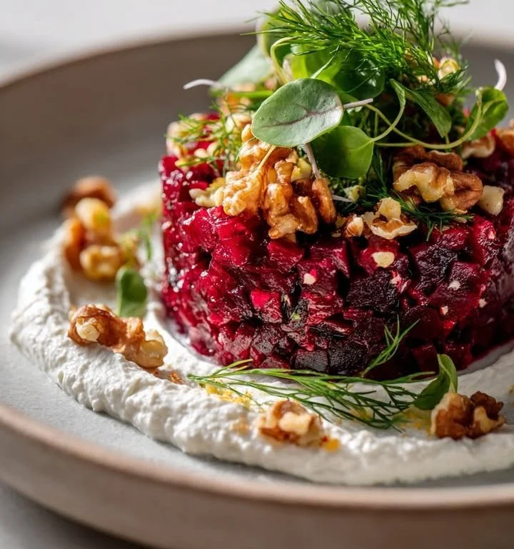 Ruby Beetroot Tartare with whipped goat cheese and walnut-dill crunch