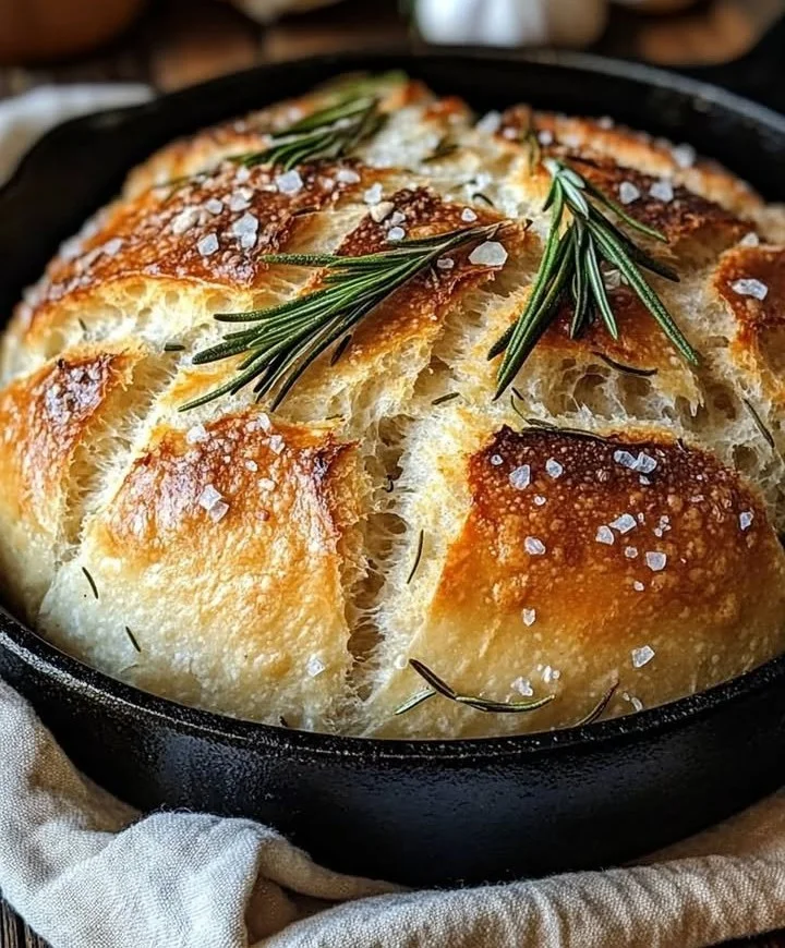 Freshly baked Rustic Garlic Rosemary Skillet Bread in a cast-iron skillet.