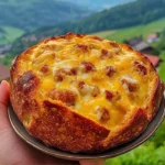 Freshly baked Sausage and Cheese Bread on a wooden table