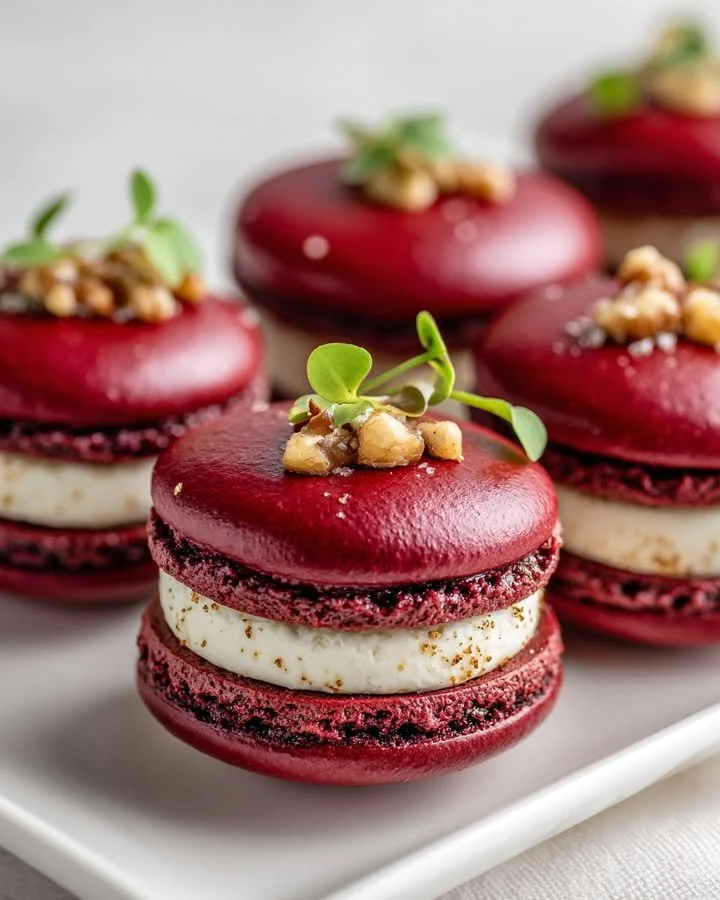 Savory beet macarons filled with whipped goat cheese and walnut crunch on a plate.
