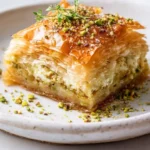 Savory pistachio-parmesan baklava with whipped ricotta filling on a plate