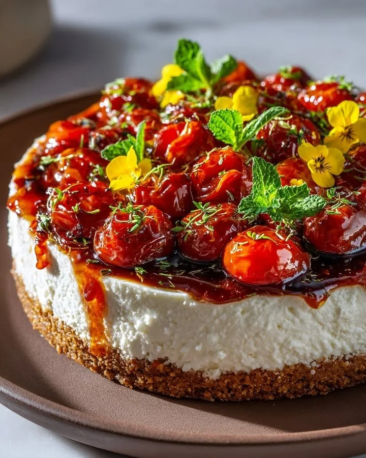 Savory Tomato Cheesecake with Burrata topping for a delicious twist